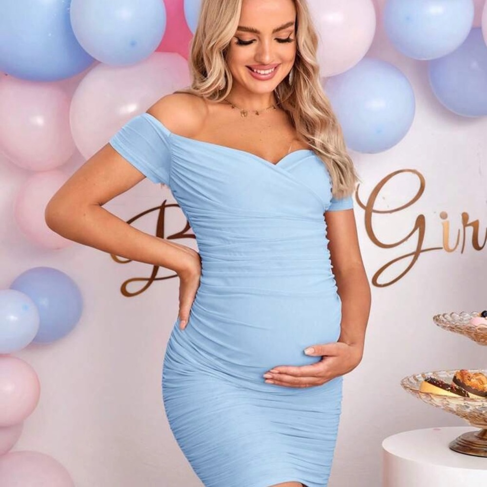 Elegant Off-Shoulder Maternity Dress in Light Blue